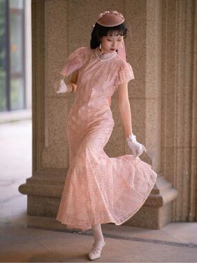 Blush Pink Lace Qipao Midi Dress with Vintage Flair
